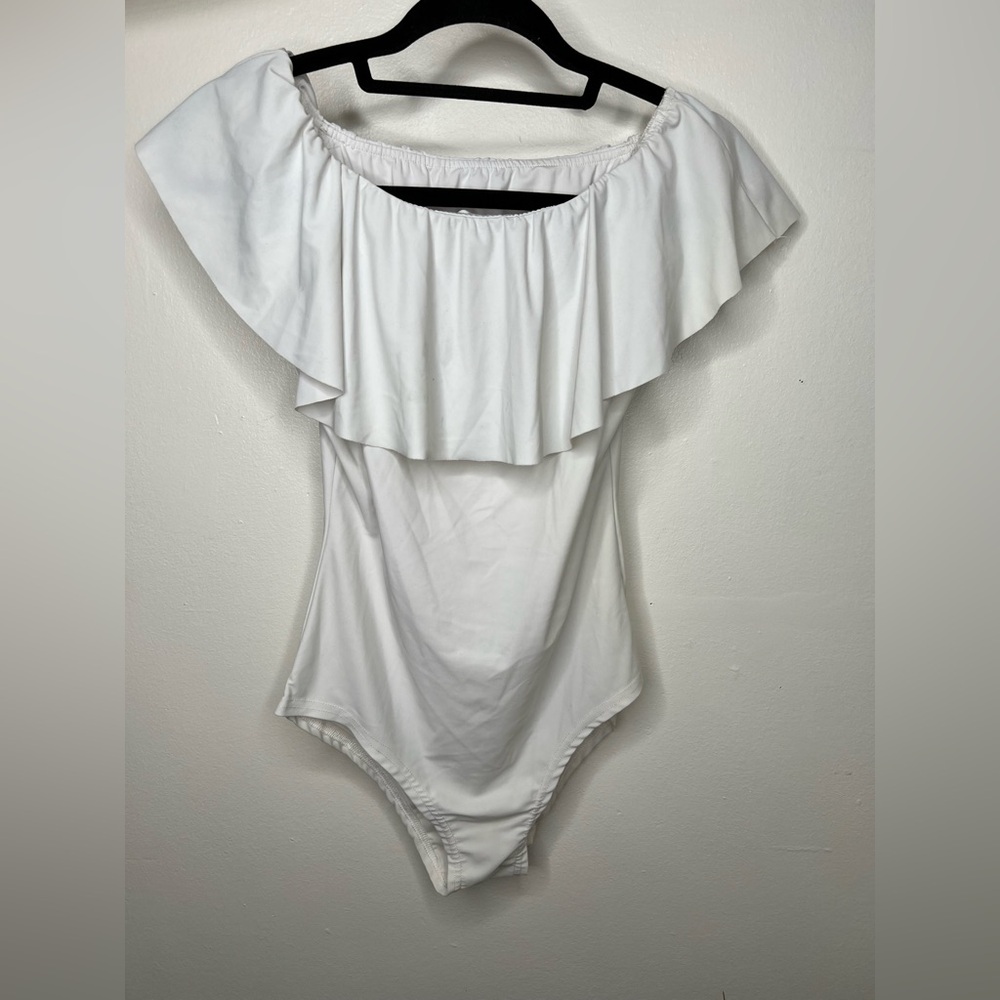White Sleeveless Bodysuit with Ruffle Neckline